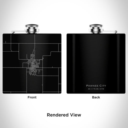 Rendered View of Pawnee City Nebraska Map Engraving on 6oz Stainless Steel Flask in Black