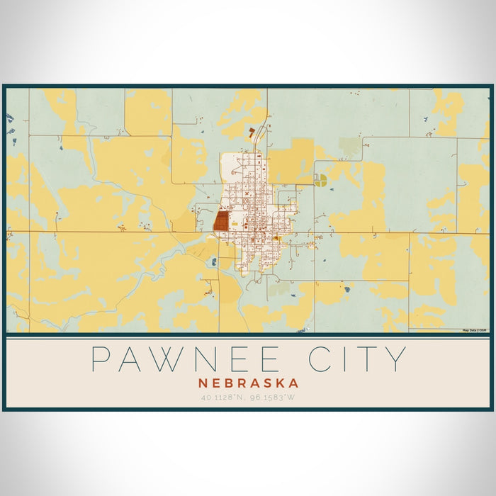 Pawnee City Nebraska Map Print Landscape Orientation in Woodblock Style With Shaded Background