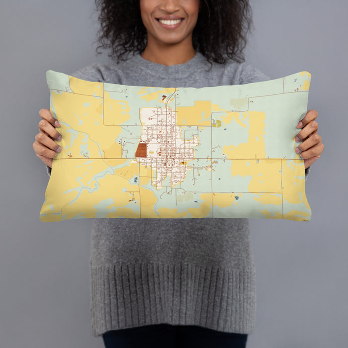 Person holding 20x12 Custom Pawnee City Nebraska Map Throw Pillow in Woodblock