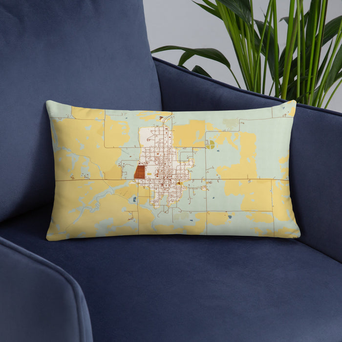 Custom Pawnee City Nebraska Map Throw Pillow in Woodblock on Blue Colored Chair
