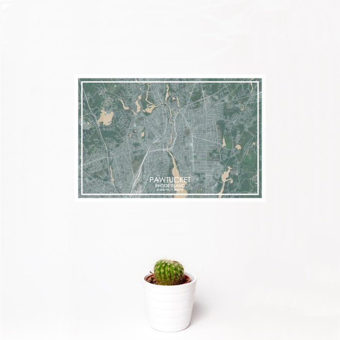 12x18 Pawtucket Rhode Island Map Print Landscape Orientation in Afternoon Style With Small Cactus Plant in White Planter