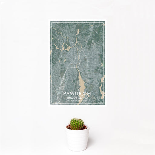 12x18 Pawtucket Rhode Island Map Print Portrait Orientation in Afternoon Style With Small Cactus Plant in White Planter