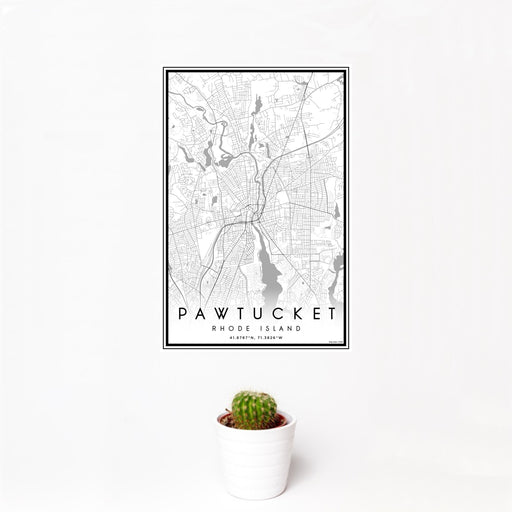 12x18 Pawtucket Rhode Island Map Print Portrait Orientation in Classic Style With Small Cactus Plant in White Planter