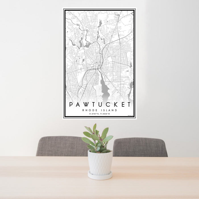 24x36 Pawtucket Rhode Island Map Print Portrait Orientation in Classic Style Behind 2 Chairs Table and Potted Plant