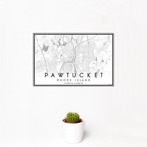 12x18 Pawtucket Rhode Island Map Print Landscape Orientation in Classic Style With Small Cactus Plant in White Planter