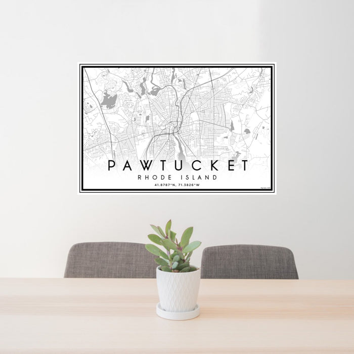 24x36 Pawtucket Rhode Island Map Print Landscape Orientation in Classic Style Behind 2 Chairs Table and Potted Plant