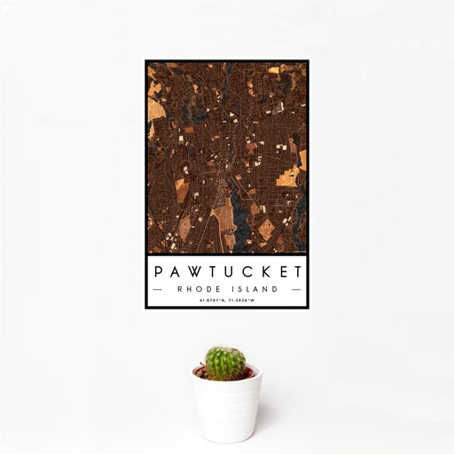 12x18 Pawtucket Rhode Island Map Print Portrait Orientation in Ember Style With Small Cactus Plant in White Planter