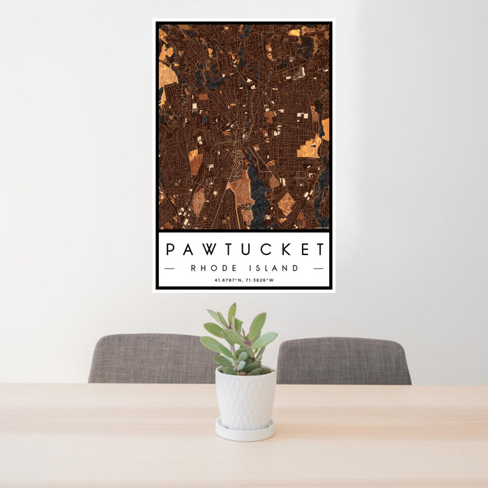 24x36 Pawtucket Rhode Island Map Print Portrait Orientation in Ember Style Behind 2 Chairs Table and Potted Plant