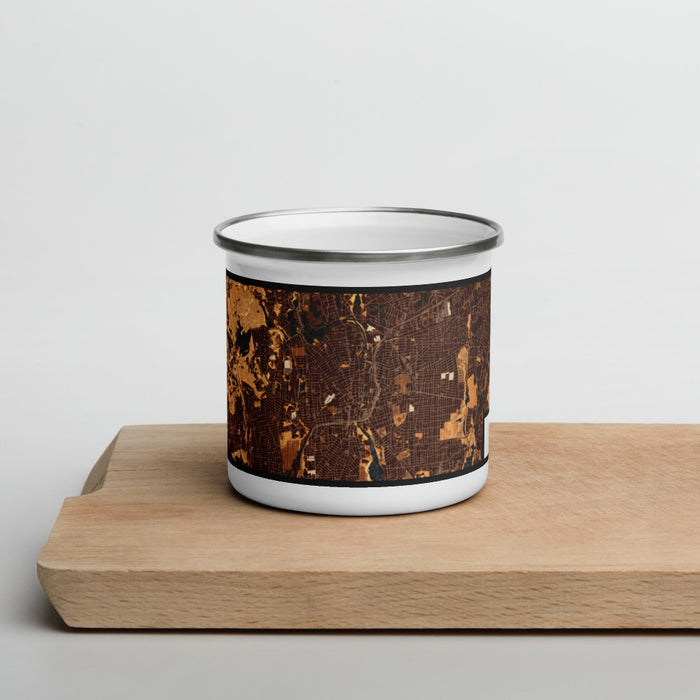 Front View Custom Pawtucket Rhode Island Map Enamel Mug in Ember on Cutting Board
