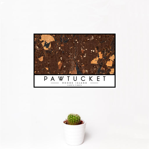 12x18 Pawtucket Rhode Island Map Print Landscape Orientation in Ember Style With Small Cactus Plant in White Planter