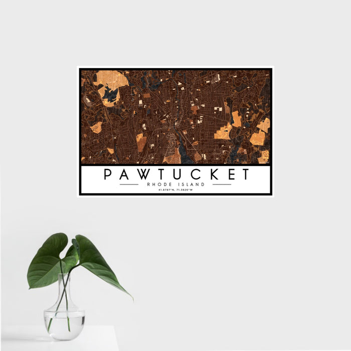 16x24 Pawtucket Rhode Island Map Print Landscape Orientation in Ember Style With Tropical Plant Leaves in Water