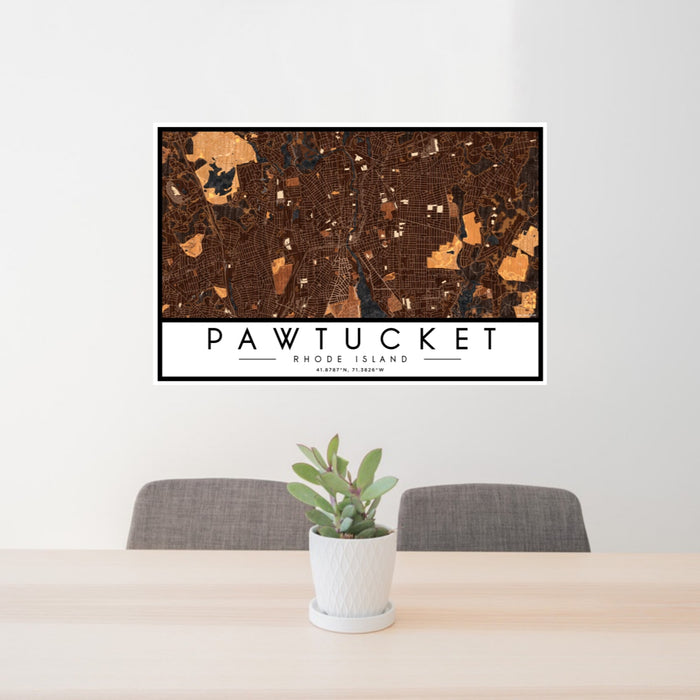 24x36 Pawtucket Rhode Island Map Print Landscape Orientation in Ember Style Behind 2 Chairs Table and Potted Plant