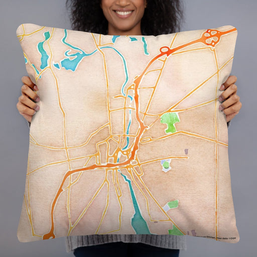 Person holding 22x22 Custom Pawtucket Rhode Island Map Throw Pillow in Watercolor
