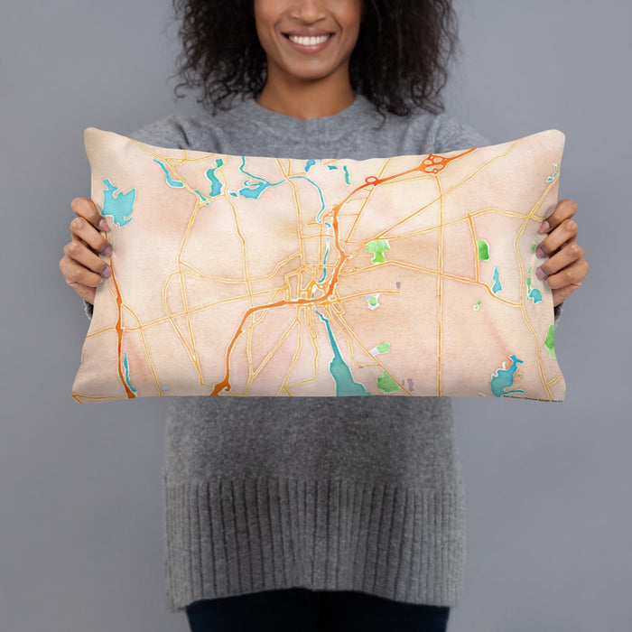 Person holding 20x12 Custom Pawtucket Rhode Island Map Throw Pillow in Watercolor