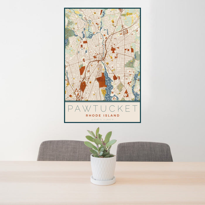 24x36 Pawtucket Rhode Island Map Print Portrait Orientation in Woodblock Style Behind 2 Chairs Table and Potted Plant