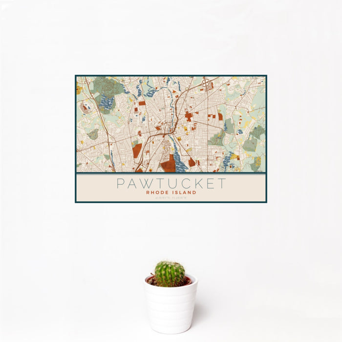 12x18 Pawtucket Rhode Island Map Print Landscape Orientation in Woodblock Style With Small Cactus Plant in White Planter