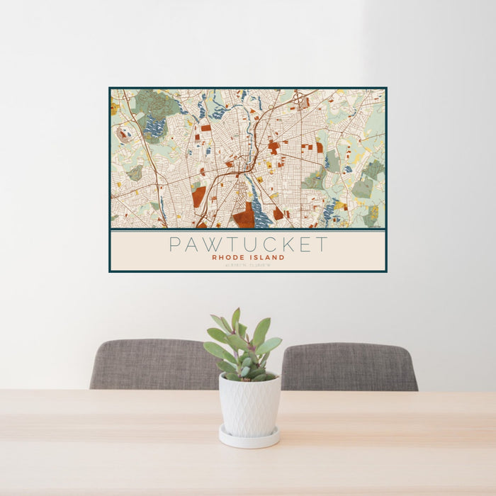 24x36 Pawtucket Rhode Island Map Print Landscape Orientation in Woodblock Style Behind 2 Chairs Table and Potted Plant