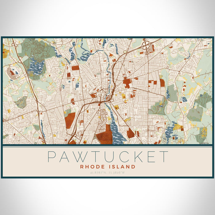 Pawtucket Rhode Island Map Print Landscape Orientation in Woodblock Style With Shaded Background