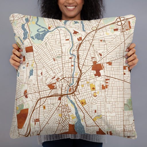 Person holding 22x22 Custom Pawtucket Rhode Island Map Throw Pillow in Woodblock
