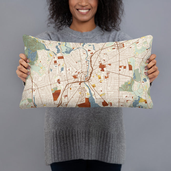 Person holding 20x12 Custom Pawtucket Rhode Island Map Throw Pillow in Woodblock