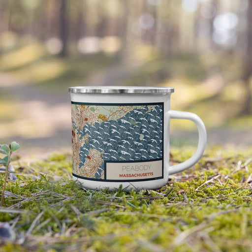 Right View Custom Peabody Massachusetts Map Enamel Mug in Woodblock on Grass With Trees in Background