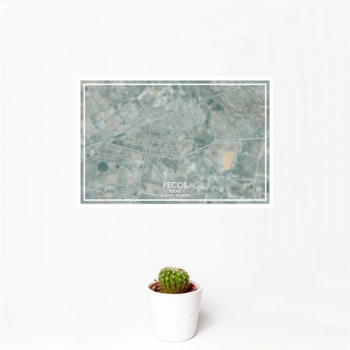 12x18 Pecos Texas Map Print Landscape Orientation in Afternoon Style With Small Cactus Plant in White Planter
