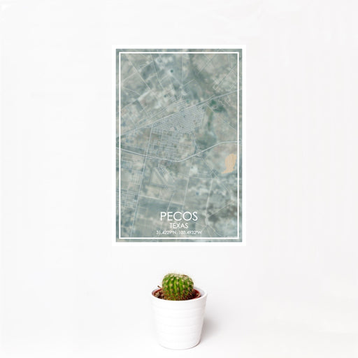 12x18 Pecos Texas Map Print Portrait Orientation in Afternoon Style With Small Cactus Plant in White Planter