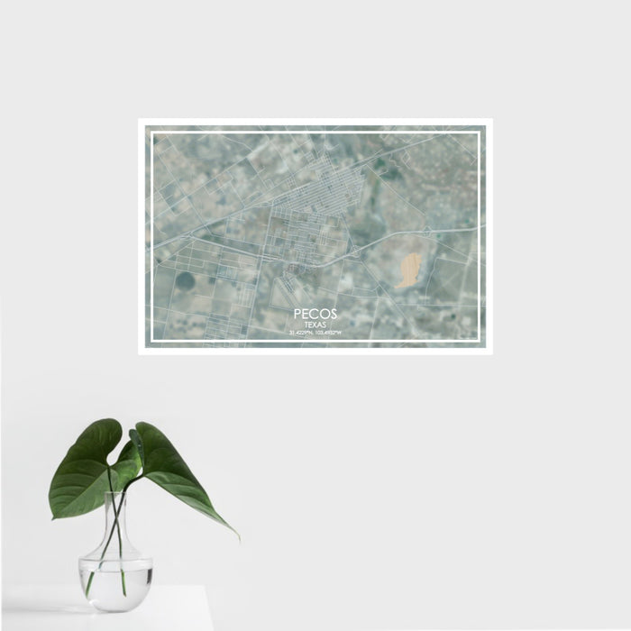 16x24 Pecos Texas Map Print Landscape Orientation in Afternoon Style With Tropical Plant Leaves in Water