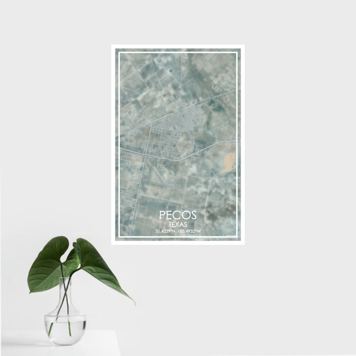 16x24 Pecos Texas Map Print Portrait Orientation in Afternoon Style With Tropical Plant Leaves in Water