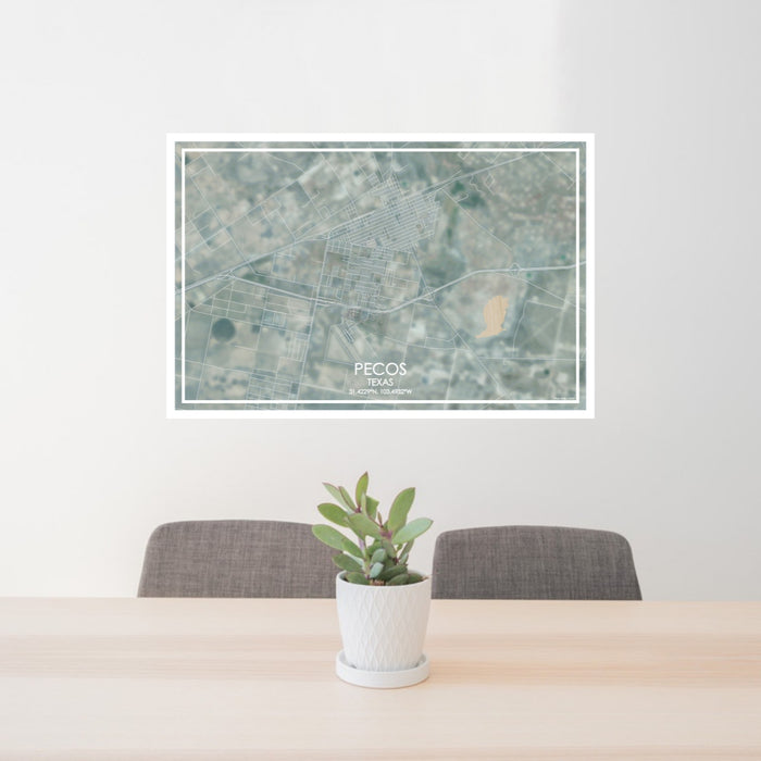 24x36 Pecos Texas Map Print Lanscape Orientation in Afternoon Style Behind 2 Chairs Table and Potted Plant
