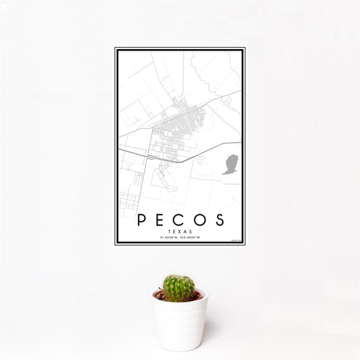 12x18 Pecos Texas Map Print Portrait Orientation in Classic Style With Small Cactus Plant in White Planter