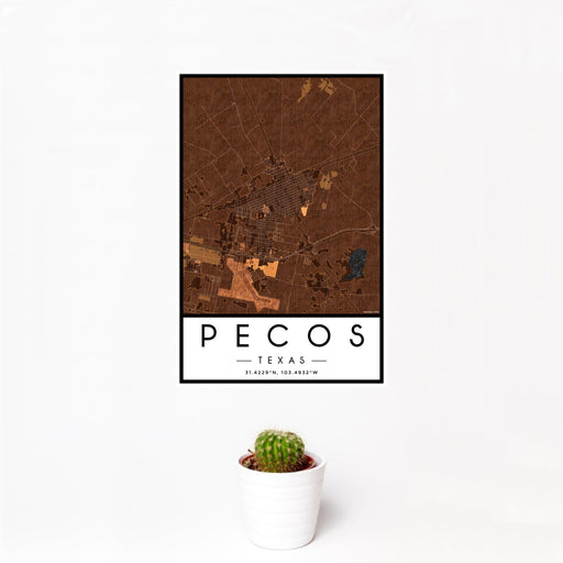 12x18 Pecos Texas Map Print Portrait Orientation in Ember Style With Small Cactus Plant in White Planter