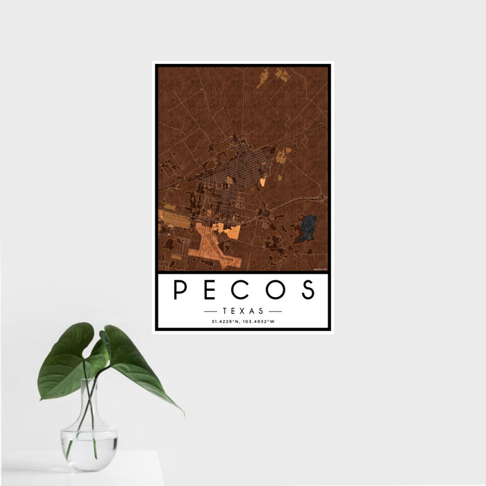 16x24 Pecos Texas Map Print Portrait Orientation in Ember Style With Tropical Plant Leaves in Water