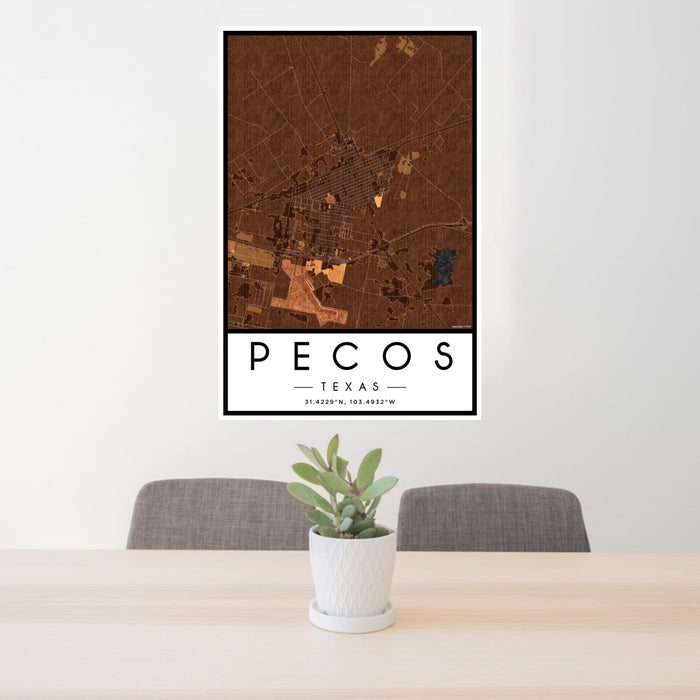 24x36 Pecos Texas Map Print Portrait Orientation in Ember Style Behind 2 Chairs Table and Potted Plant