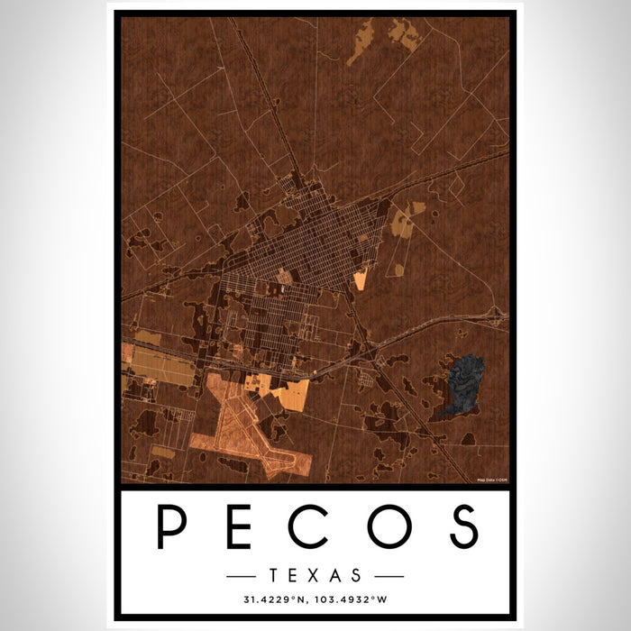 Pecos Texas Map Print Portrait Orientation in Ember Style With Shaded Background