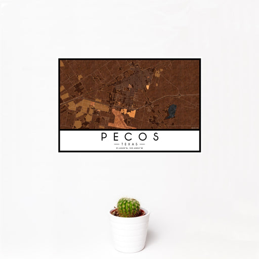 12x18 Pecos Texas Map Print Landscape Orientation in Ember Style With Small Cactus Plant in White Planter