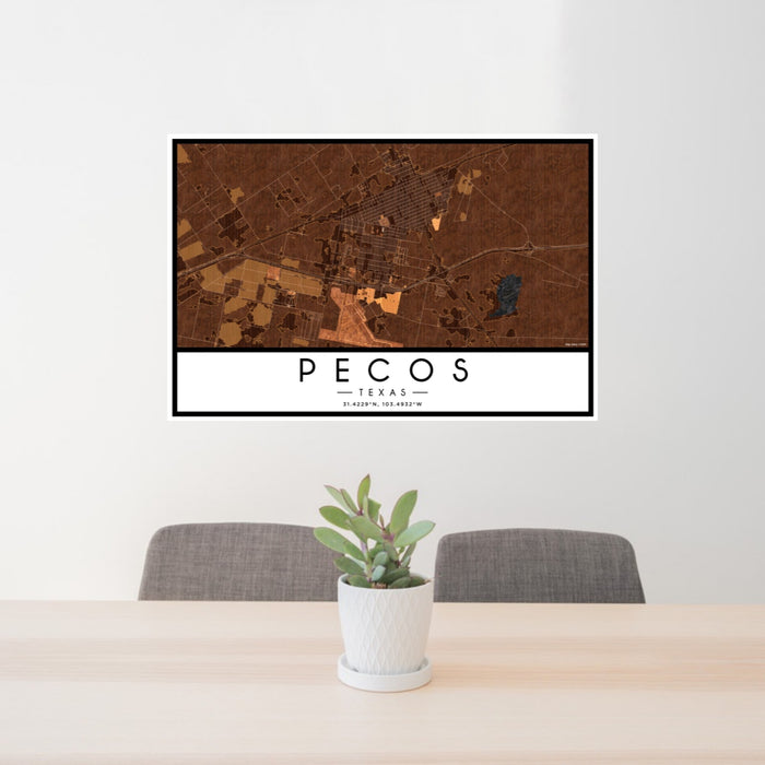 24x36 Pecos Texas Map Print Landscape Orientation in Ember Style Behind 2 Chairs Table and Potted Plant