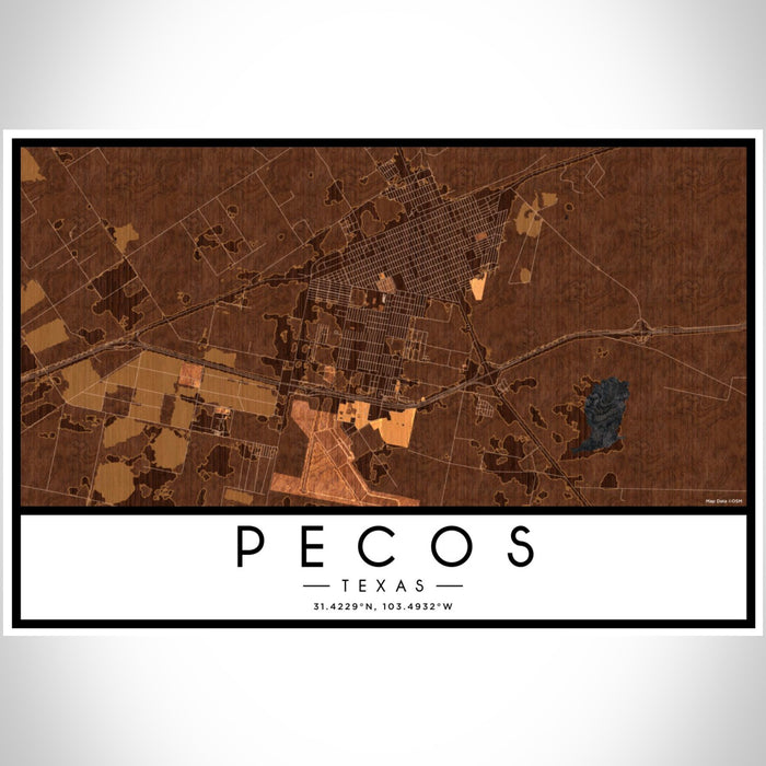 Pecos Texas Map Print Landscape Orientation in Ember Style With Shaded Background