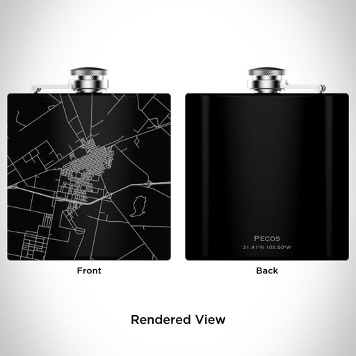 Rendered View of Pecos Texas Map Engraving on 6oz Stainless Steel Flask in Black