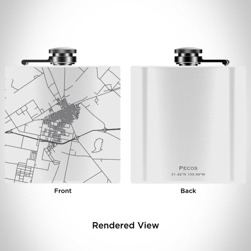 Rendered View of Pecos Texas Map Engraving on 6oz Stainless Steel Flask in White