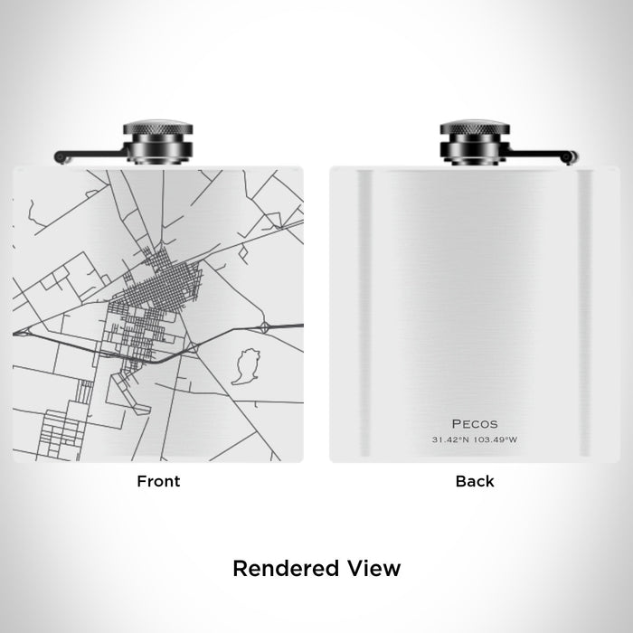 Rendered View of Pecos Texas Map Engraving on 6oz Stainless Steel Flask in White