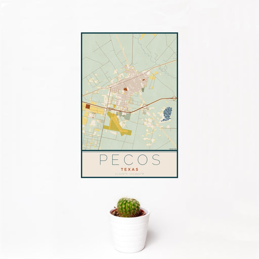 12x18 Pecos Texas Map Print Portrait Orientation in Woodblock Style With Small Cactus Plant in White Planter