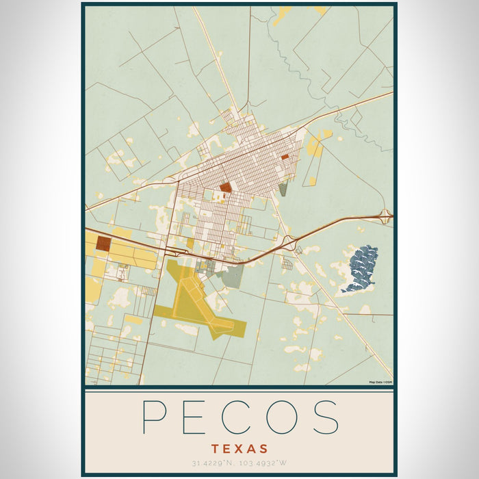 Pecos Texas Map Print Portrait Orientation in Woodblock Style With Shaded Background