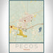 Pecos Texas Map Print Portrait Orientation in Woodblock Style With Shaded Background