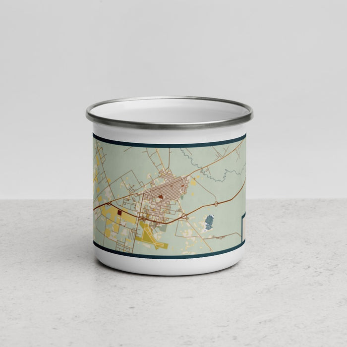 Front View Custom Pecos Texas Map Enamel Mug in Woodblock