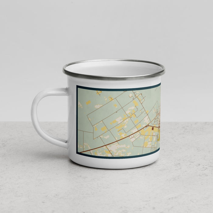 Left View Custom Pecos Texas Map Enamel Mug in Woodblock