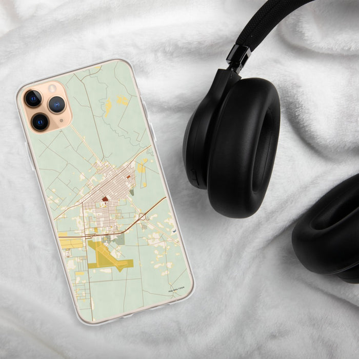 Custom Pecos Texas Map Phone Case in Woodblock on Table with Black Headphones