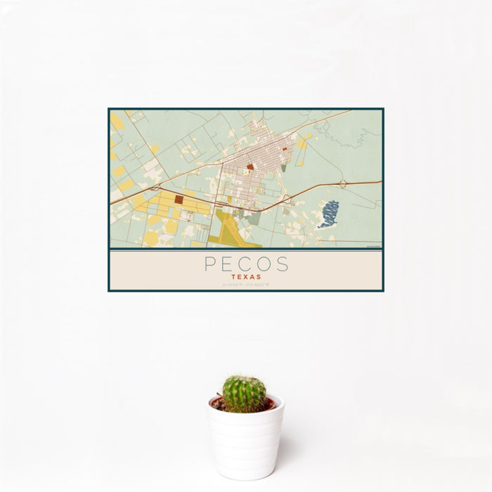 12x18 Pecos Texas Map Print Landscape Orientation in Woodblock Style With Small Cactus Plant in White Planter