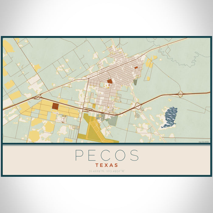 Pecos Texas Map Print Landscape Orientation in Woodblock Style With Shaded Background