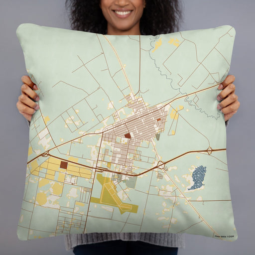 Person holding 22x22 Custom Pecos Texas Map Throw Pillow in Woodblock